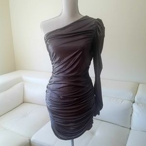 BEBE Metallic Silver One Shoulder Ruched Dress